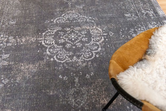 katoen chenille grijs machinaal geweven vlakgeweven medaillon verweerd tekening tapijt