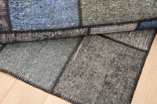 zwart blauw wol handgeknoopt verweerd multicolor tapijt