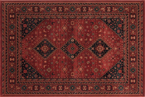 tapis rouge laine tisse machinale poil bas bordure medaillon dessin 5