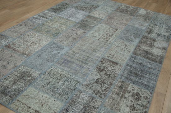blauw wol grijs handgeknoopt verweerd tapijt