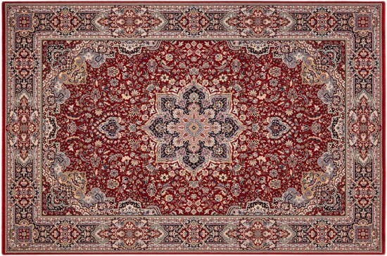 tapis rouge laine tisse machinale poil bas bordure medaillon dessin 7