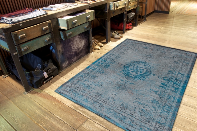 Dom goud in de tussentijd blauw katoen chenille grijs machinaal geweven vlakgeweven medaillon  verweerd tekening tapijt